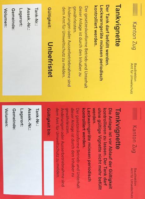 Rote und gelbe Tankvignette des Kantons Zug