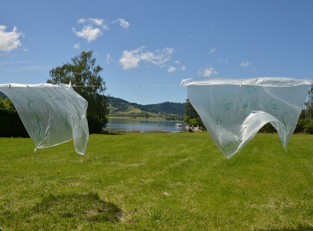 Plastikblachen im Wind am See