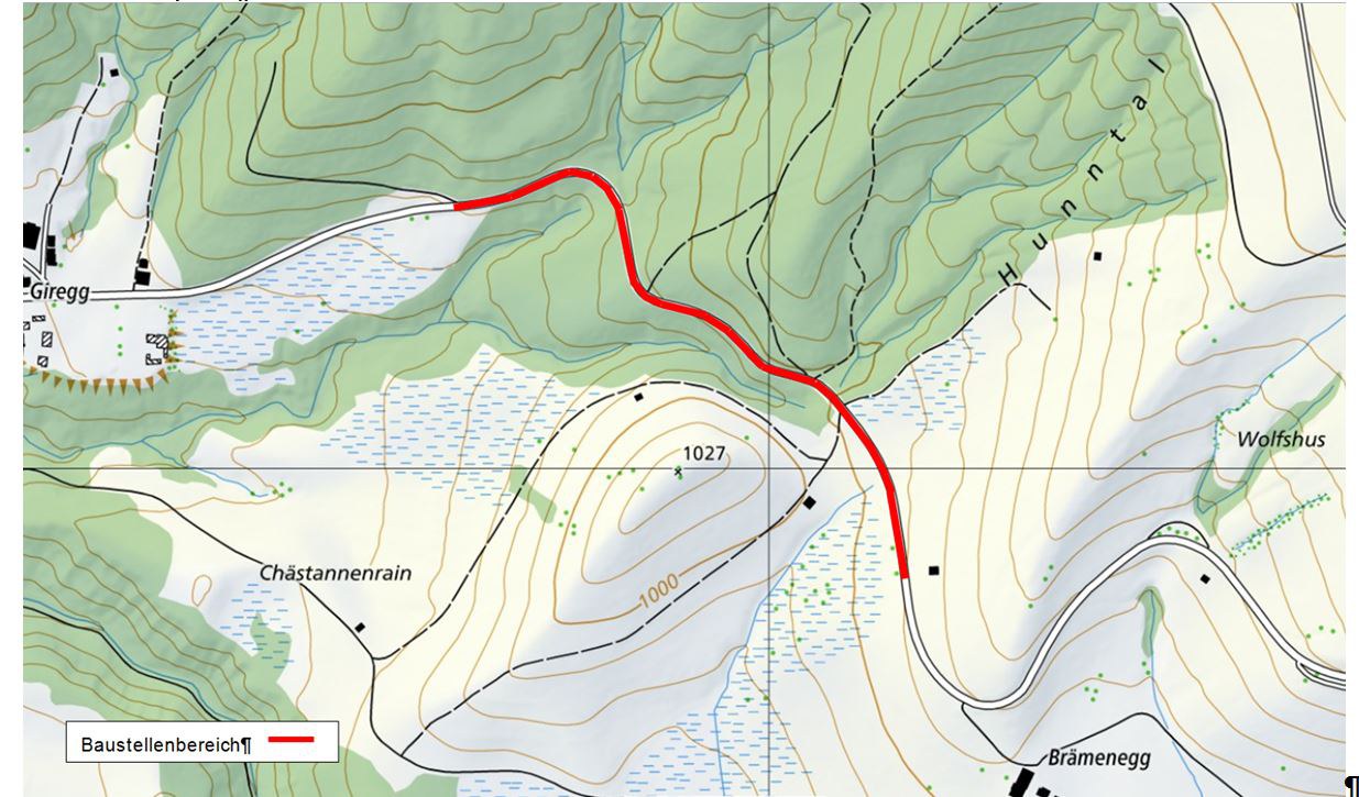 Das gesperrte Strassenstück auf den Raten ist rot untermalt.