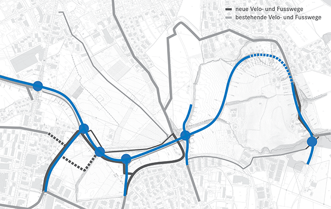 Die bestehenden und neuen Fuss- und Velowege rund um die Tangente Zug/Baar.
