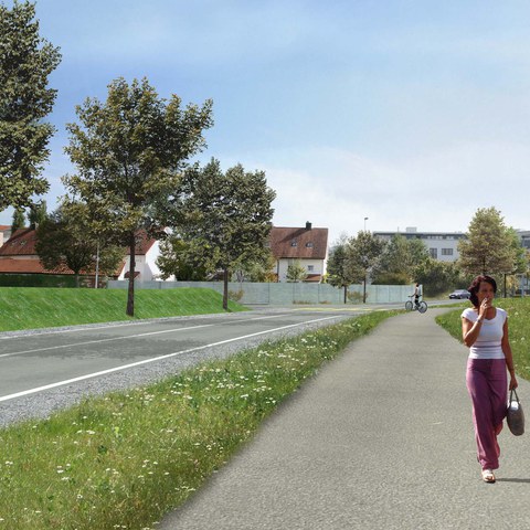 Begrünte Lärmschutzwälle und Baumalleen entlang der Inwilerriedstrasse (Visualisierung)