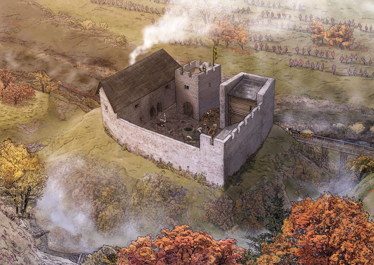 Illustration der Burg mit Blick von oben auf den Innenhof