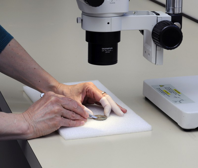 Untersuchung des Fundobjekts unter einem Mikroskop