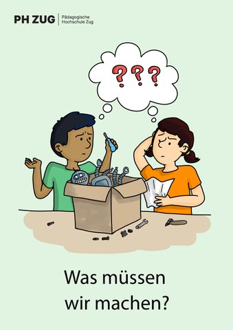 Mädchen und Junge fragen: "Was müssen wir machen?"
