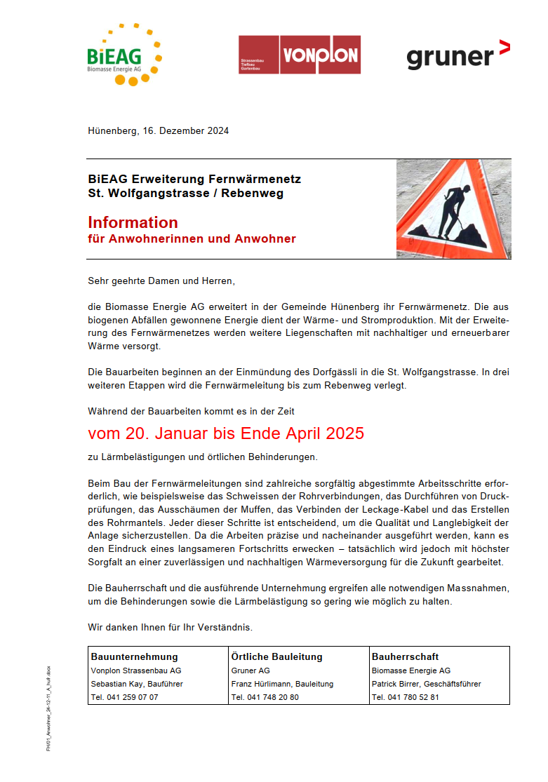 Baustelle Fernwärme 20. Januar 2025 bis Ende April 2025