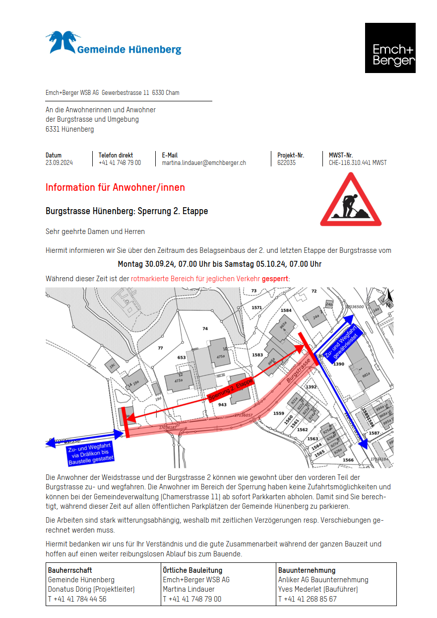 Burgstrasse Hünenberg: Soerrung 2. Etappe