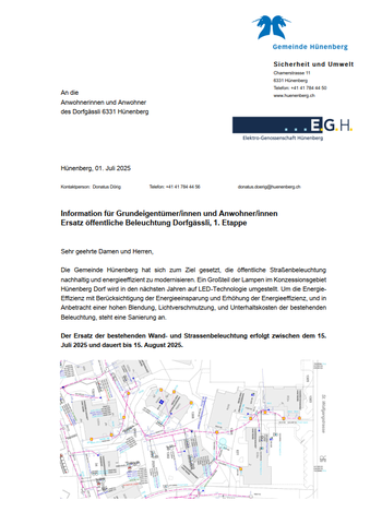 Information für Grundeigentümer/innen und Anwohner/innen Ersatz öffentliche Beleuchtung Dorfgässli, 1. Etappe
