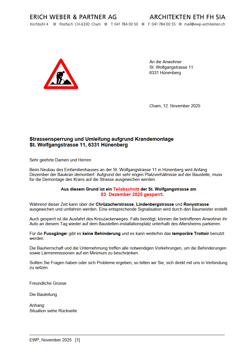 Strassensperrung und Umleitung St. Wolfgangstrasse 11