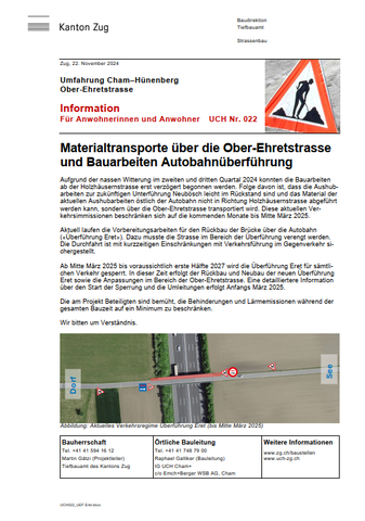 Materialtransporte über die Ober-Ehretstrasse und Bauarbeiten Autobahnüberführung