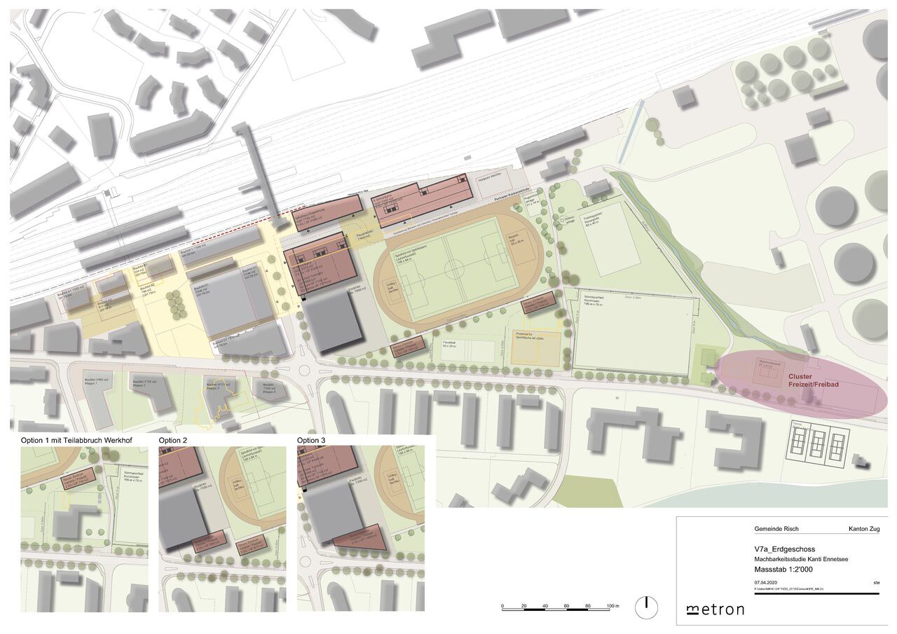 Abbildung 4: Variantenstudium der Anordnung der Ersatzbauten des Sportparkgebäudes (Variante 7a) unter der Annahme, dass die neue Kantonsschule in Rotkreuz realisiert wird.
