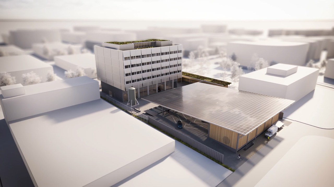 Visualisierung des Neubaus: Der neue Werk- und Ökihof einschliesslich Mantelnutzung und Tiefgarage